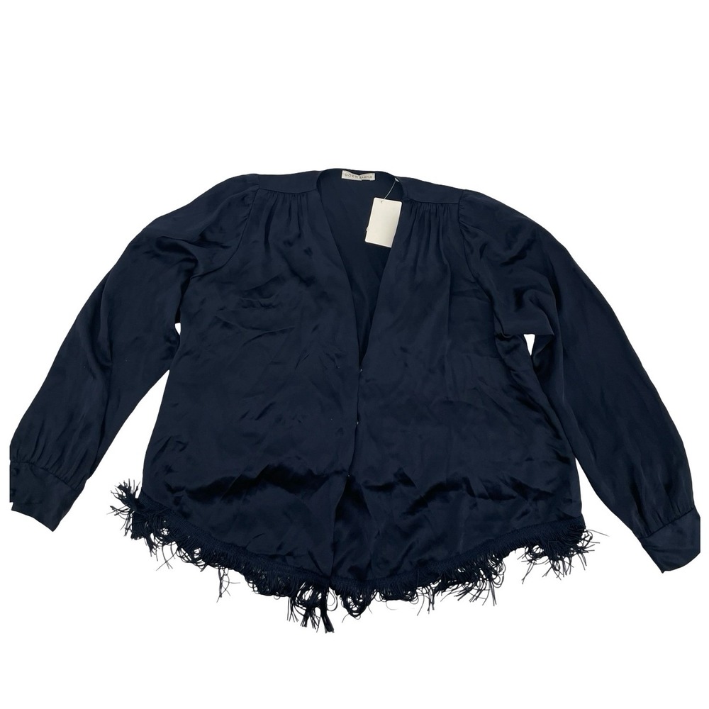 Doen Women's Blouse Fringe Hem Navy Blue Silk Sample Small